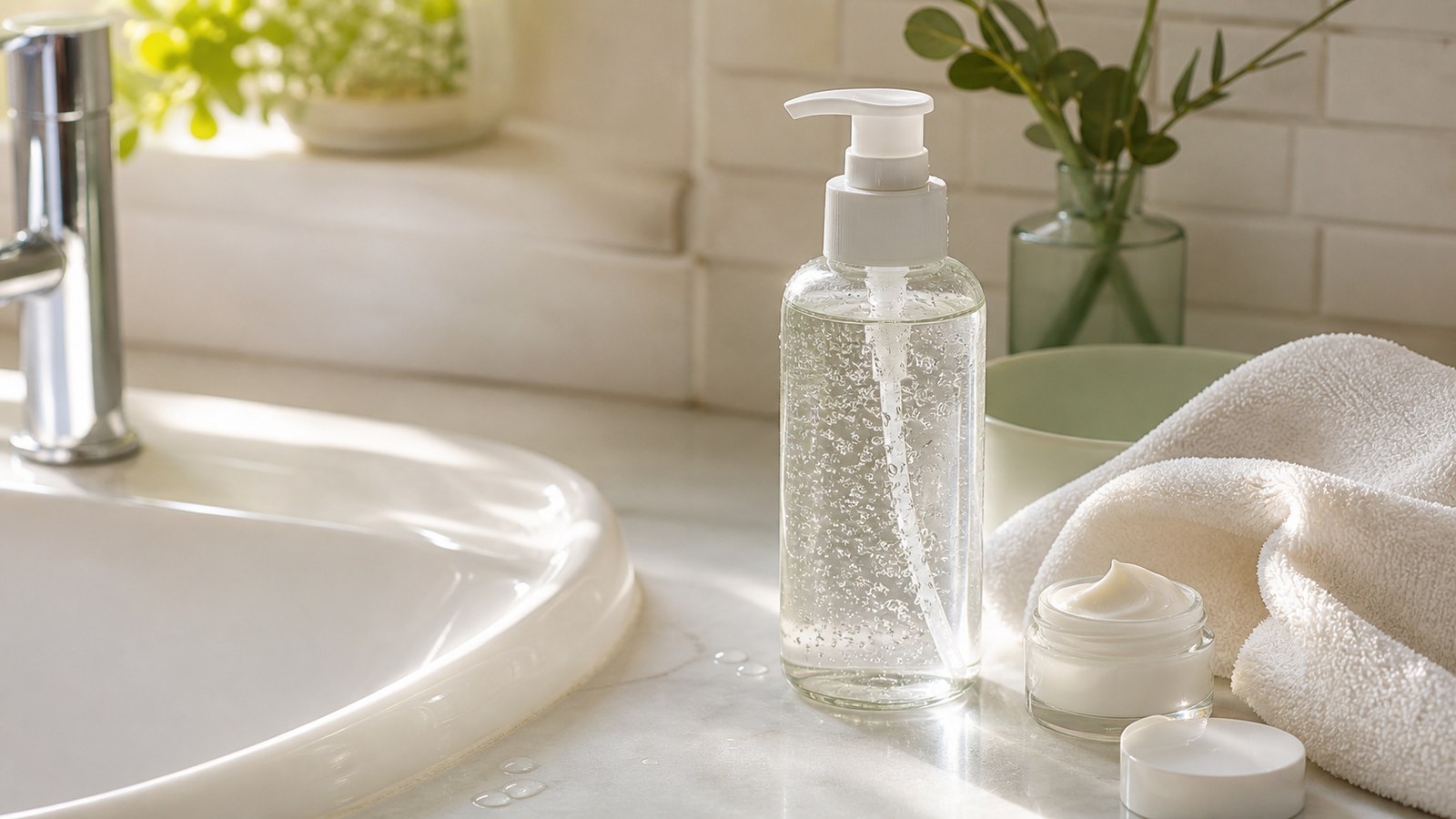Routine làm sạch dịu buổi sáng với sữa rửa mặt không nhãn khăn mềm và nước sạch