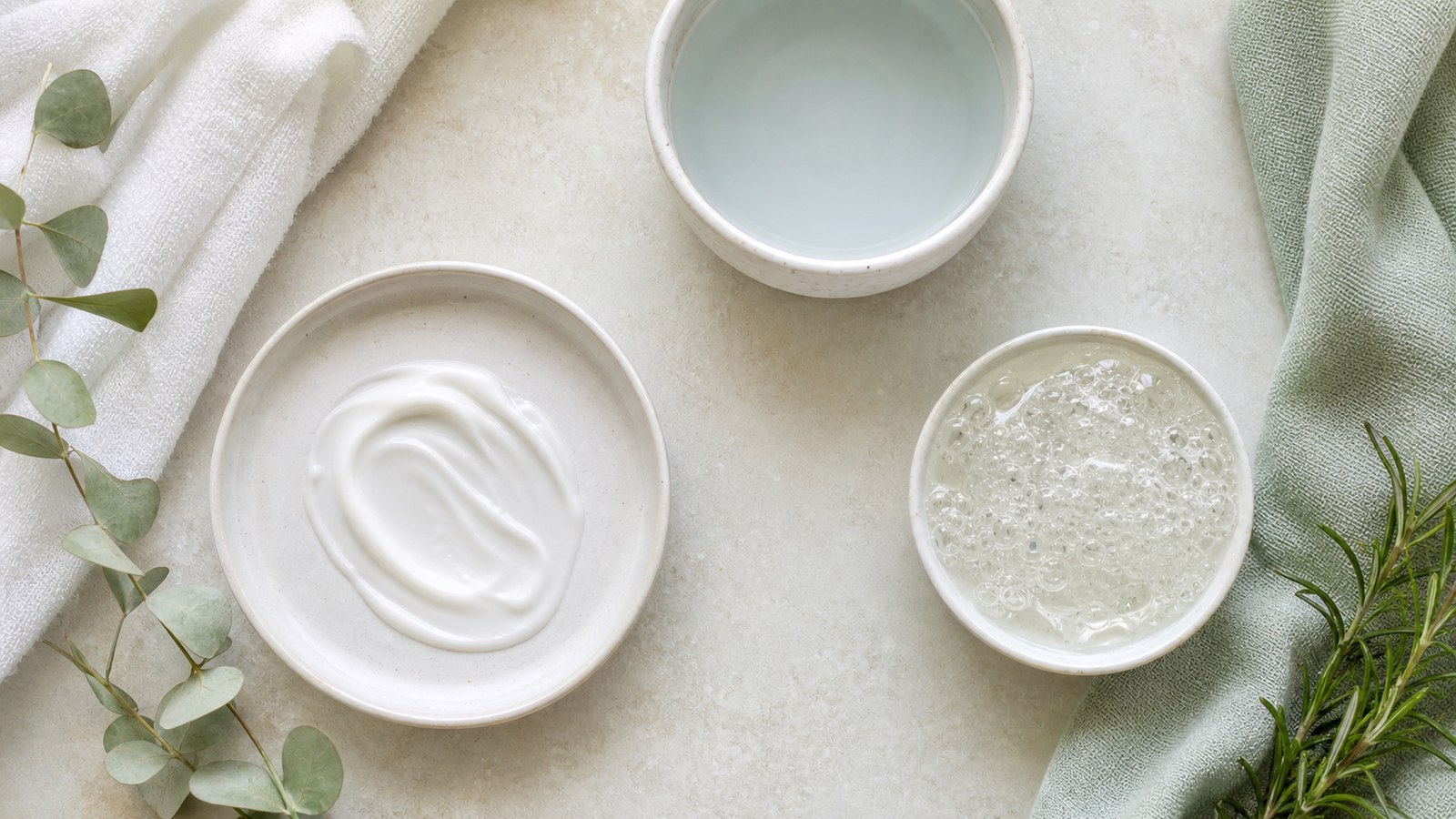So sánh texture làm sạch dịu và làm sạch sâu trong flat lay skincare không nhãn
