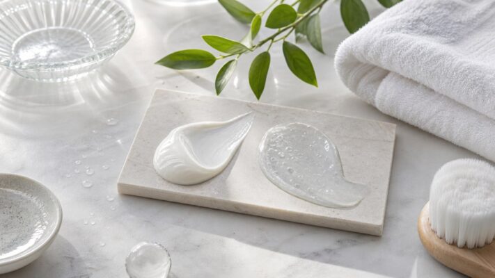 Hai texture sữa rửa mặt dịu và gel làm sạch sâu không nhãn trên nền phòng tắm sáng