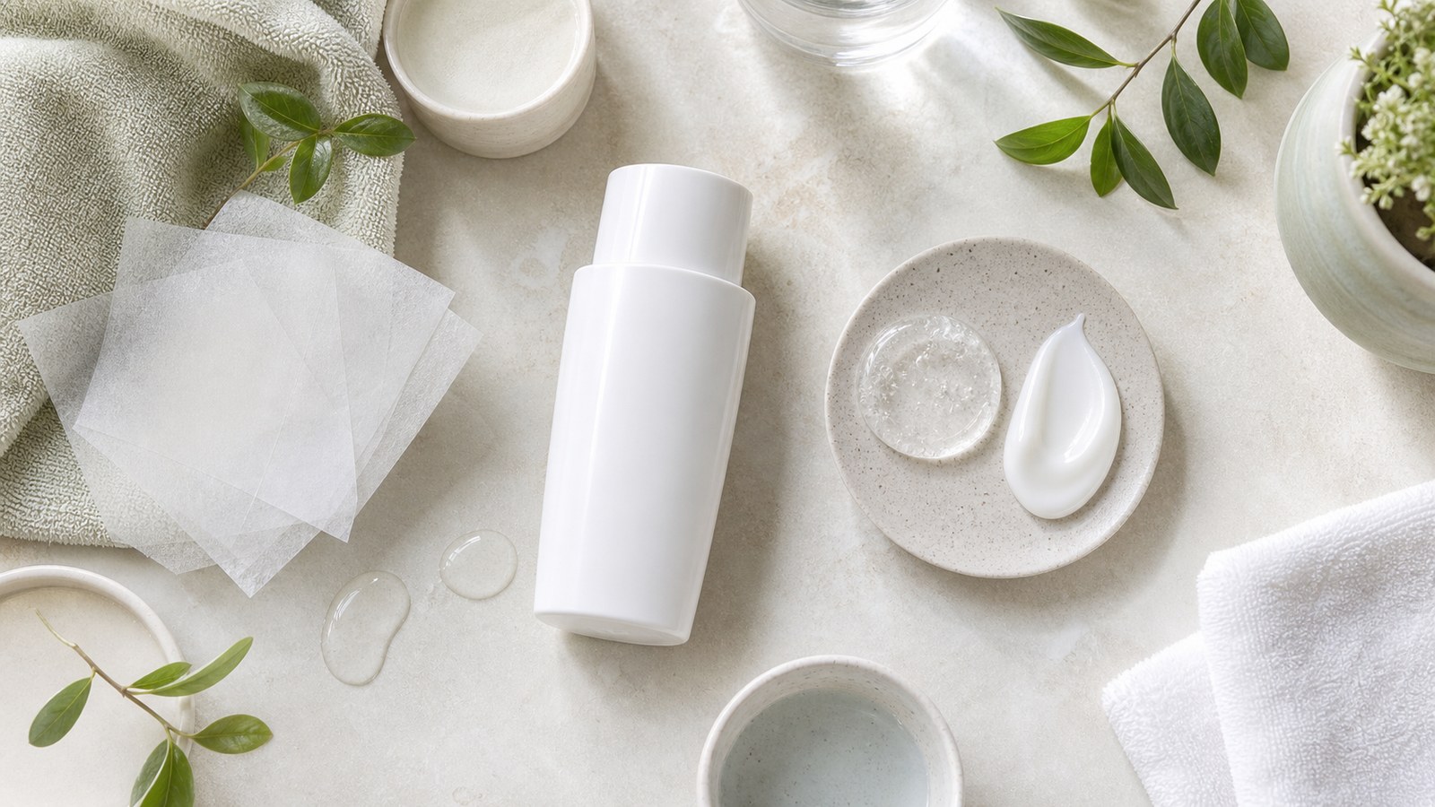 Bộ tiêu chí chọn kem chống nắng cho da dầu mụn với chai trắng không nhãn và giấy thấm dầu