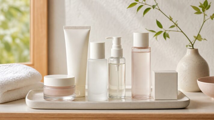 Bộ mỹ phẩm Nhật Bản chính hãng với chai dưỡng da và kem chống nắng không nhãn