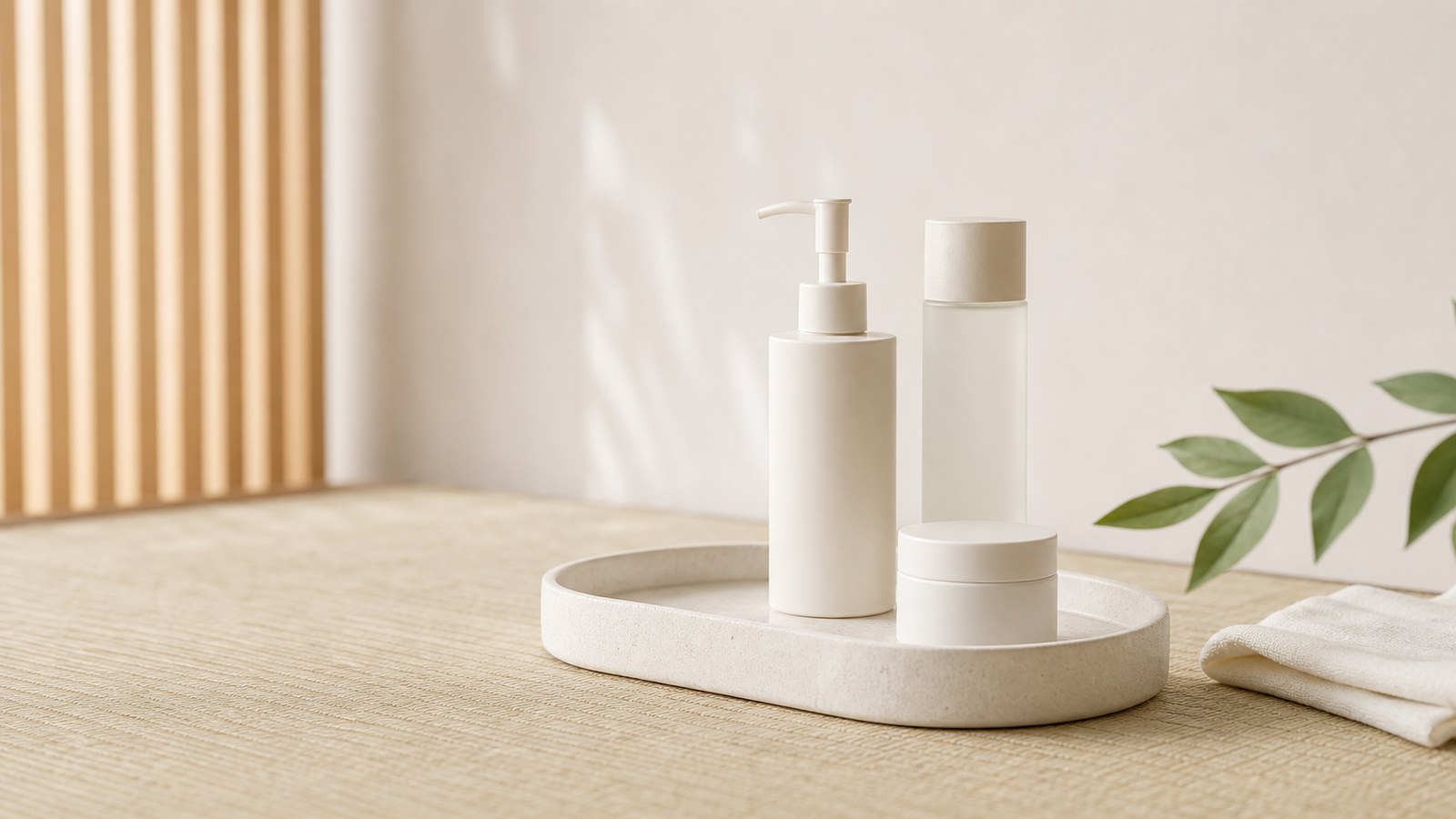 Routine mỹ phẩm Nhật tối giản với sữa rửa mặt lotion và kem dưỡng không nhãn