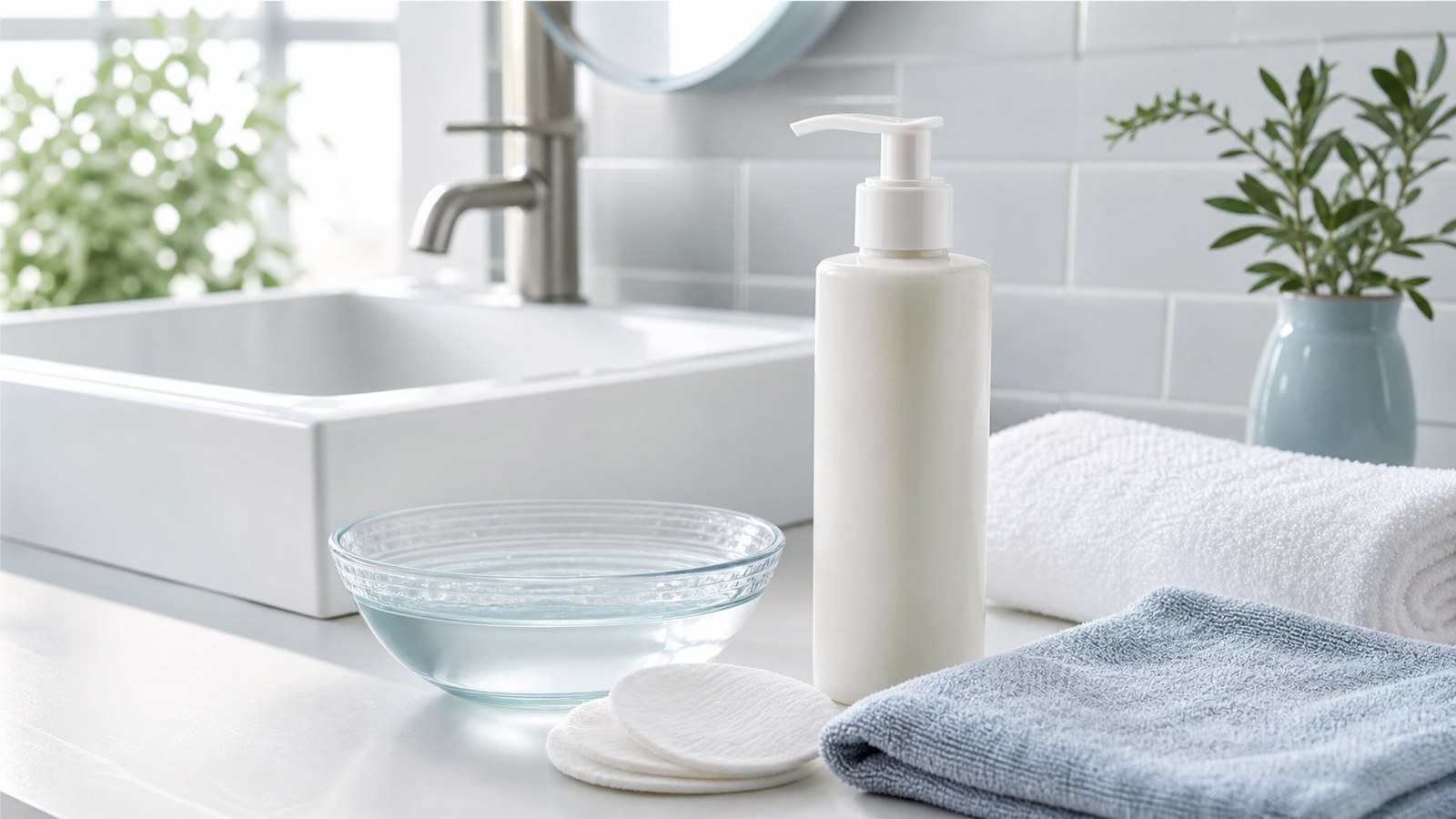 Sữa rửa mặt dịu và khăn mềm trong routine phục hồi da sau treatment