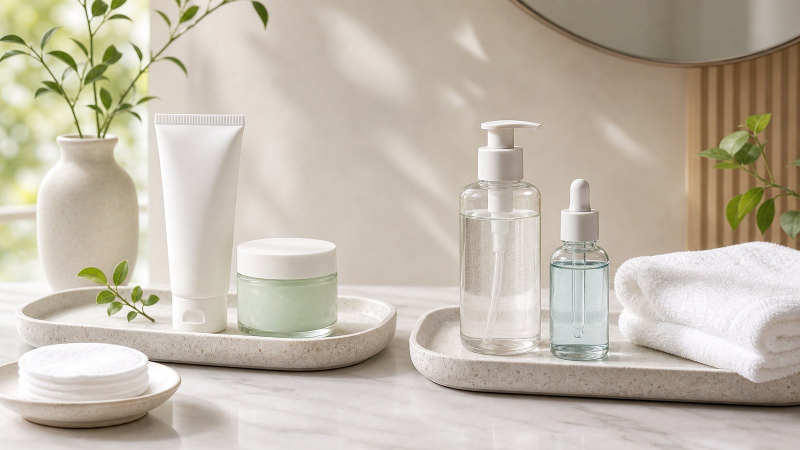 Routine sáng tối cho da dầu thiếu nước với cleanser serum gel cream và chống nắng