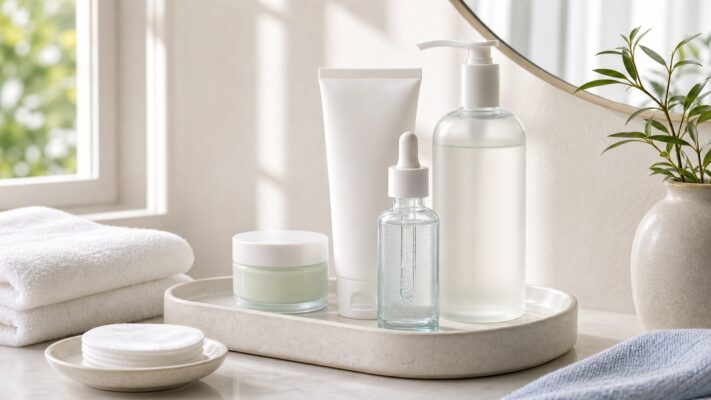 Serum B5 phục hồi da trong routine cho da mụn với sản phẩm không nhãn