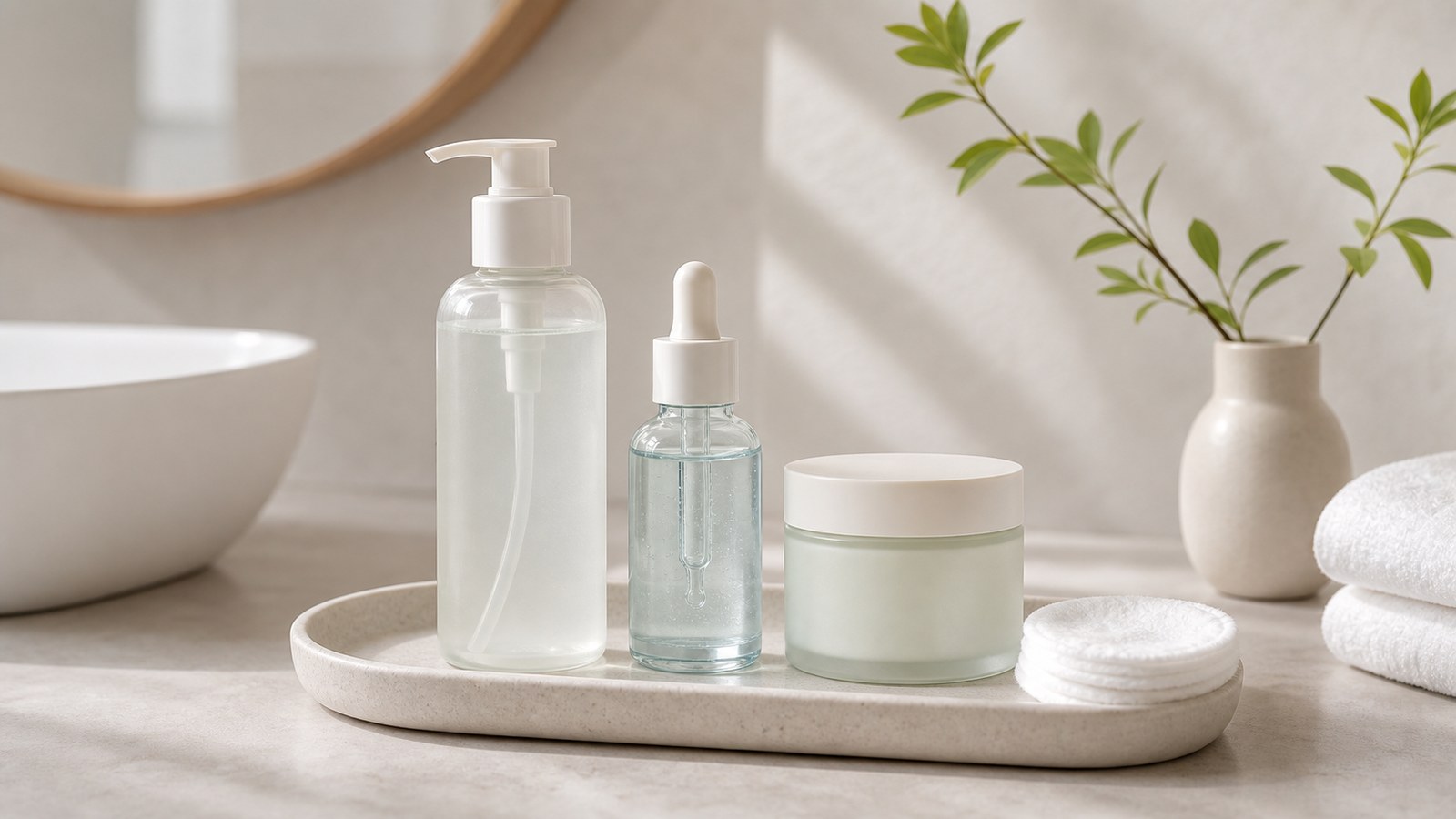 Routine phục hồi tối giản cho da mụn với cleanser serum và kem dưỡng không nhãn