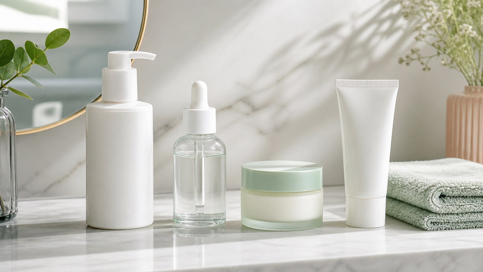 Routine tối giản gồm cleanser serum kem dưỡng và chống nắng không nhãn
