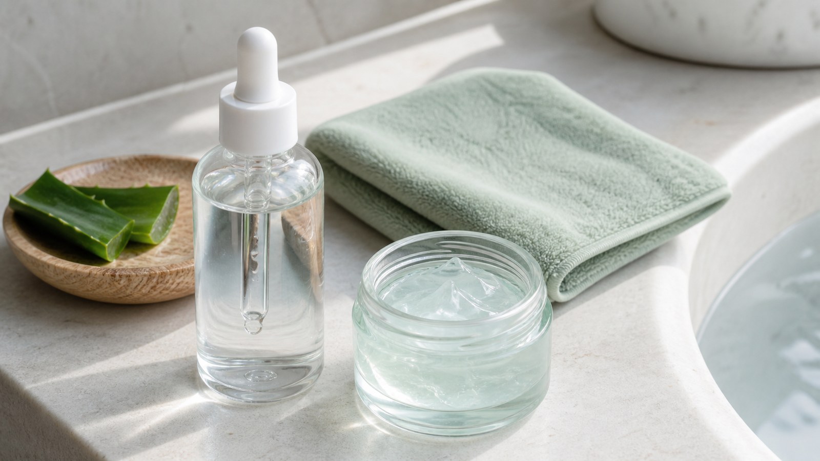Serum và gel làm dịu da mỏng nhẹ trong ánh sáng tự nhiên