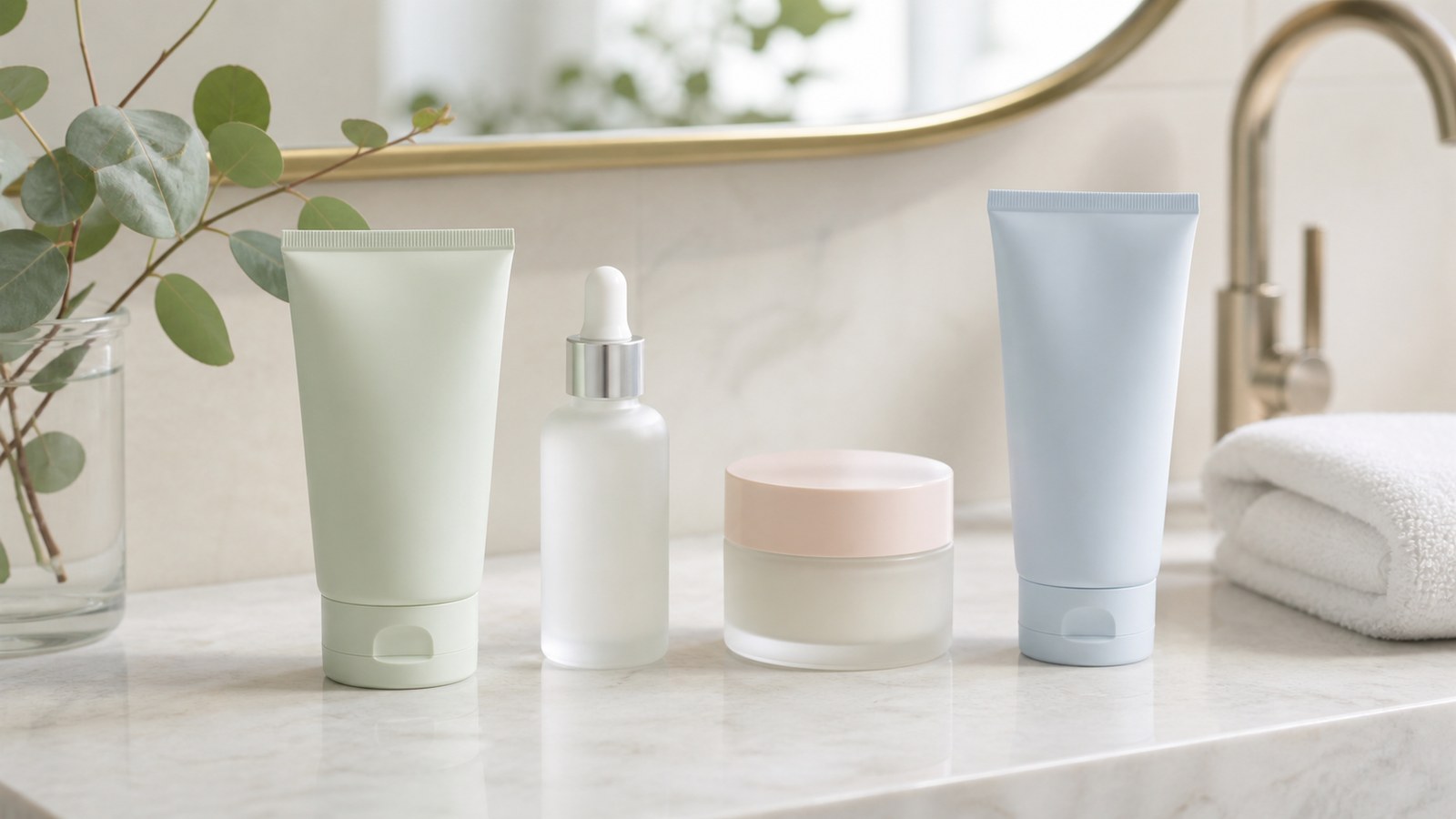 Routine bốn bước gồm cleanser serum kem dưỡng và chống nắng không nhãn