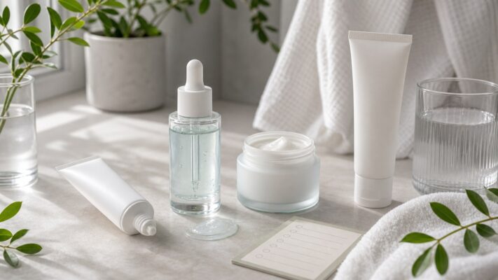Routine phục hồi tối giản cho da bong sau retinol với serum kem dưỡng và chống nắng không nhãn