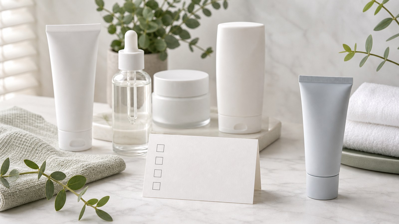 Thẻ checklist cảnh báo trong routine phục hồi sau retinol với sản phẩm skincare không nhãn