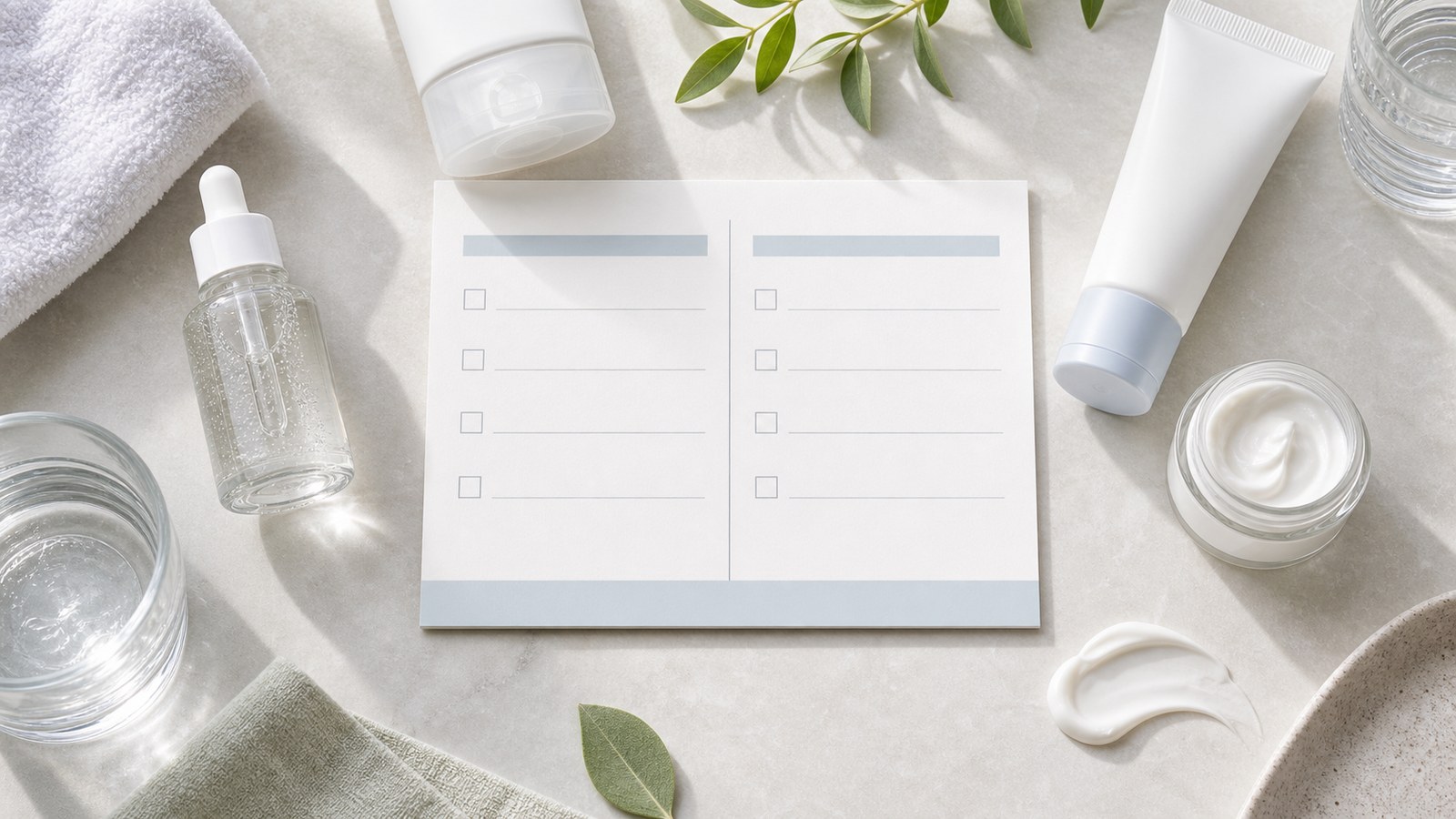 Thẻ routine sáng tối với serum B5 kem dưỡng sữa rửa mặt và chống nắng không nhãn