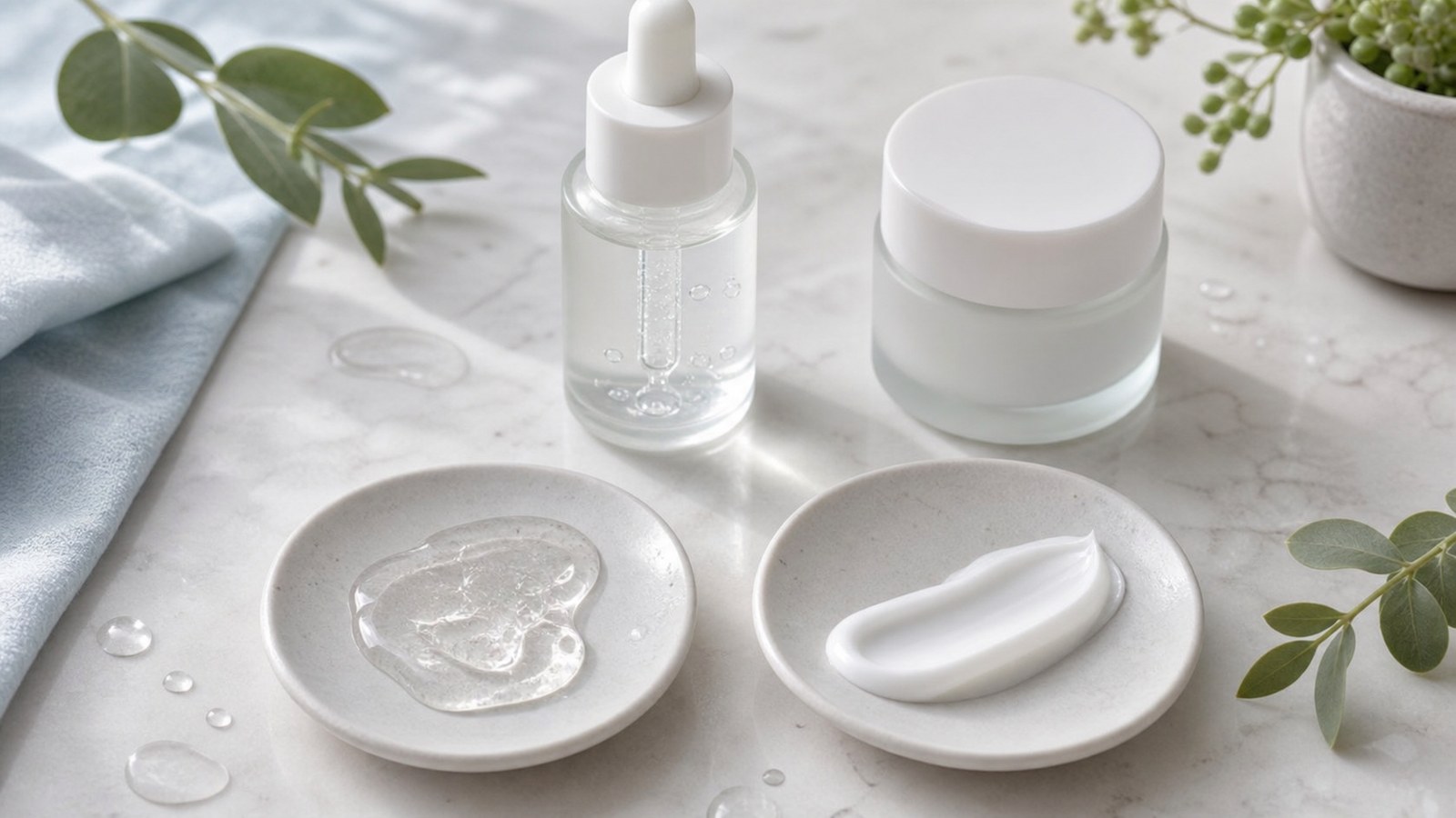 So sánh texture serum trong và kem dưỡng trắng trên khay skincare sáng
