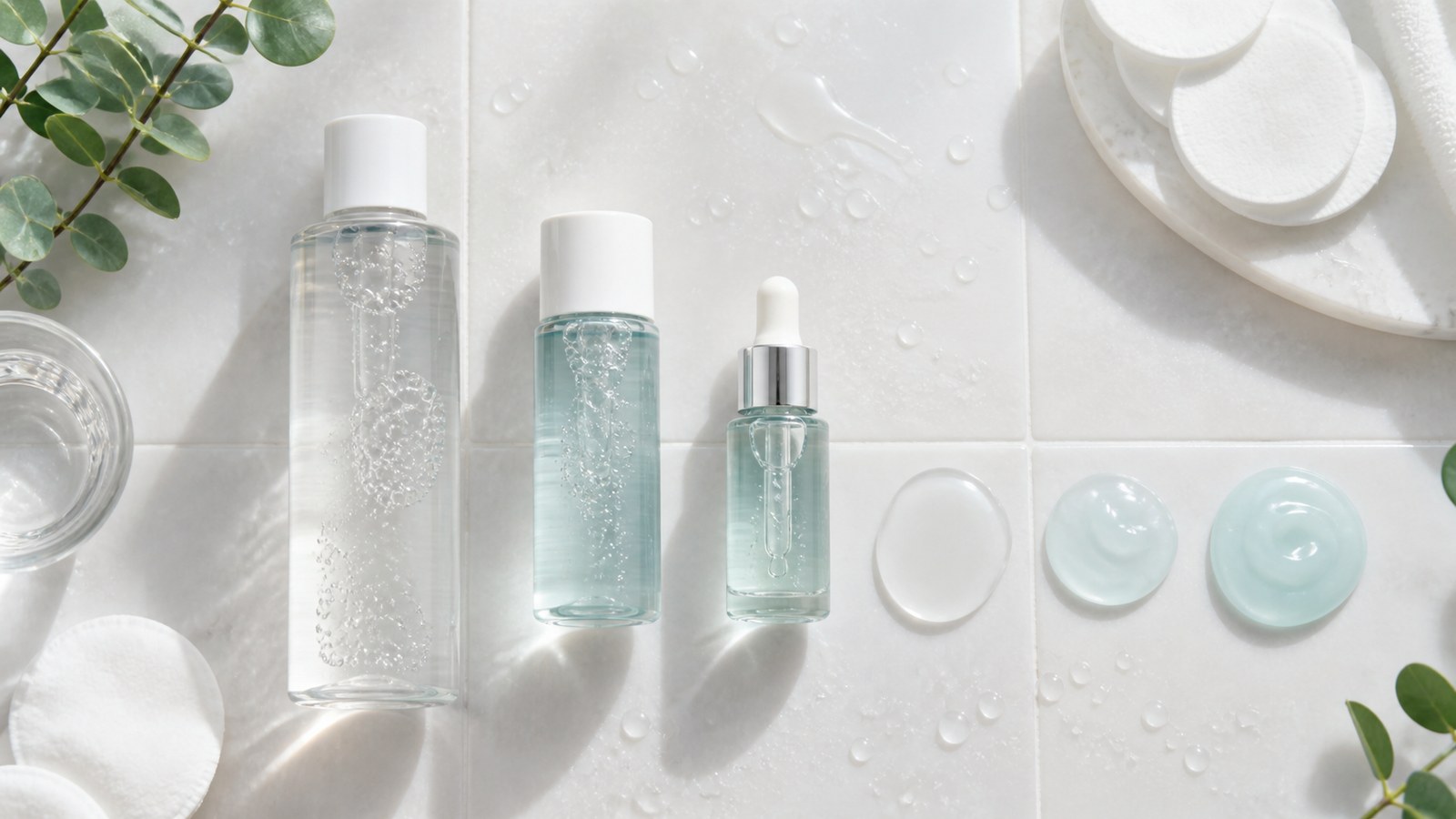 Texture toner essence và serum cấp ẩm từ lỏng đến sánh trên nền gạch sáng