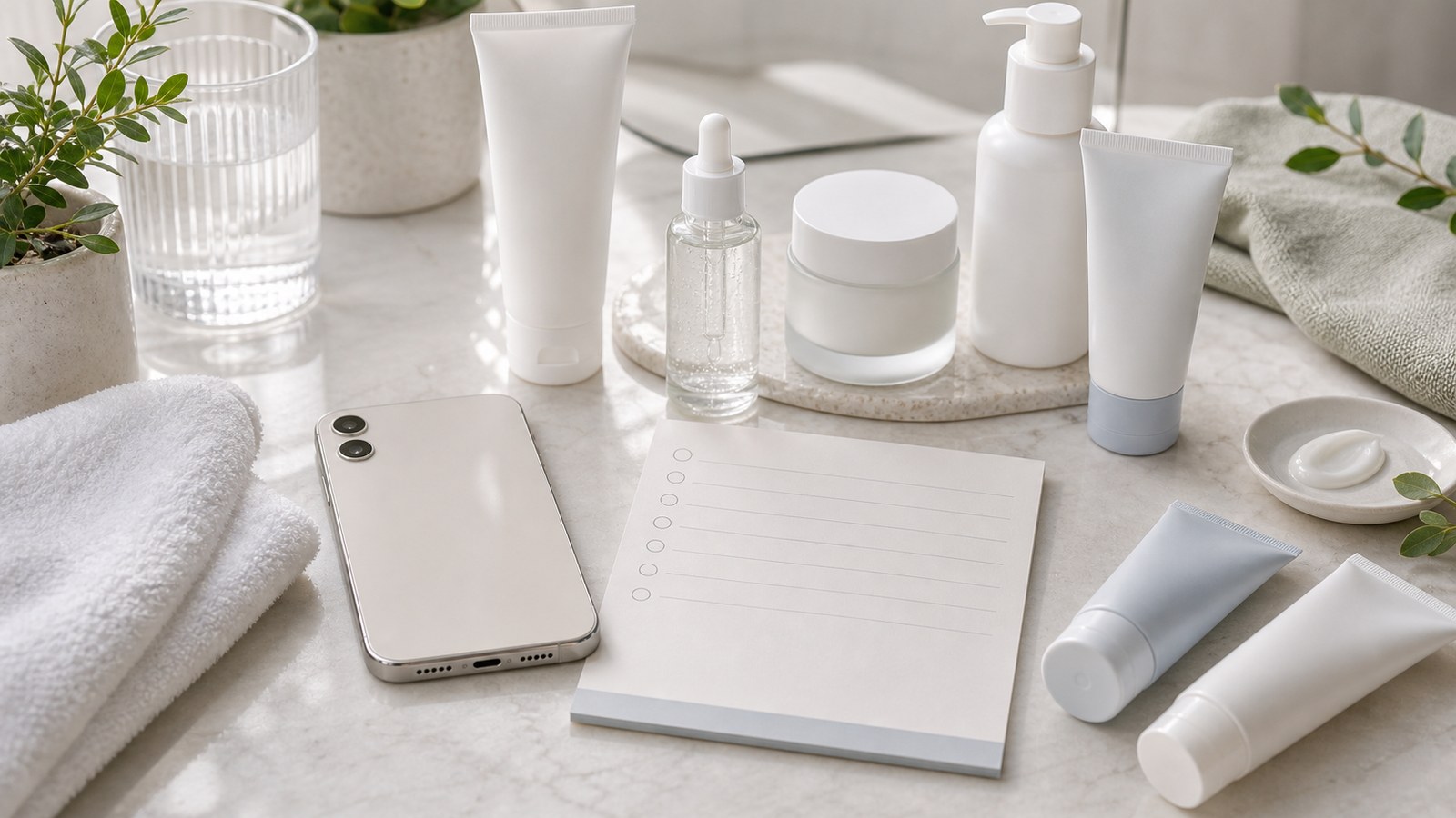 Bàn soi routine với điện thoại úp mặt và sản phẩm skincare phục hồi không nhãn