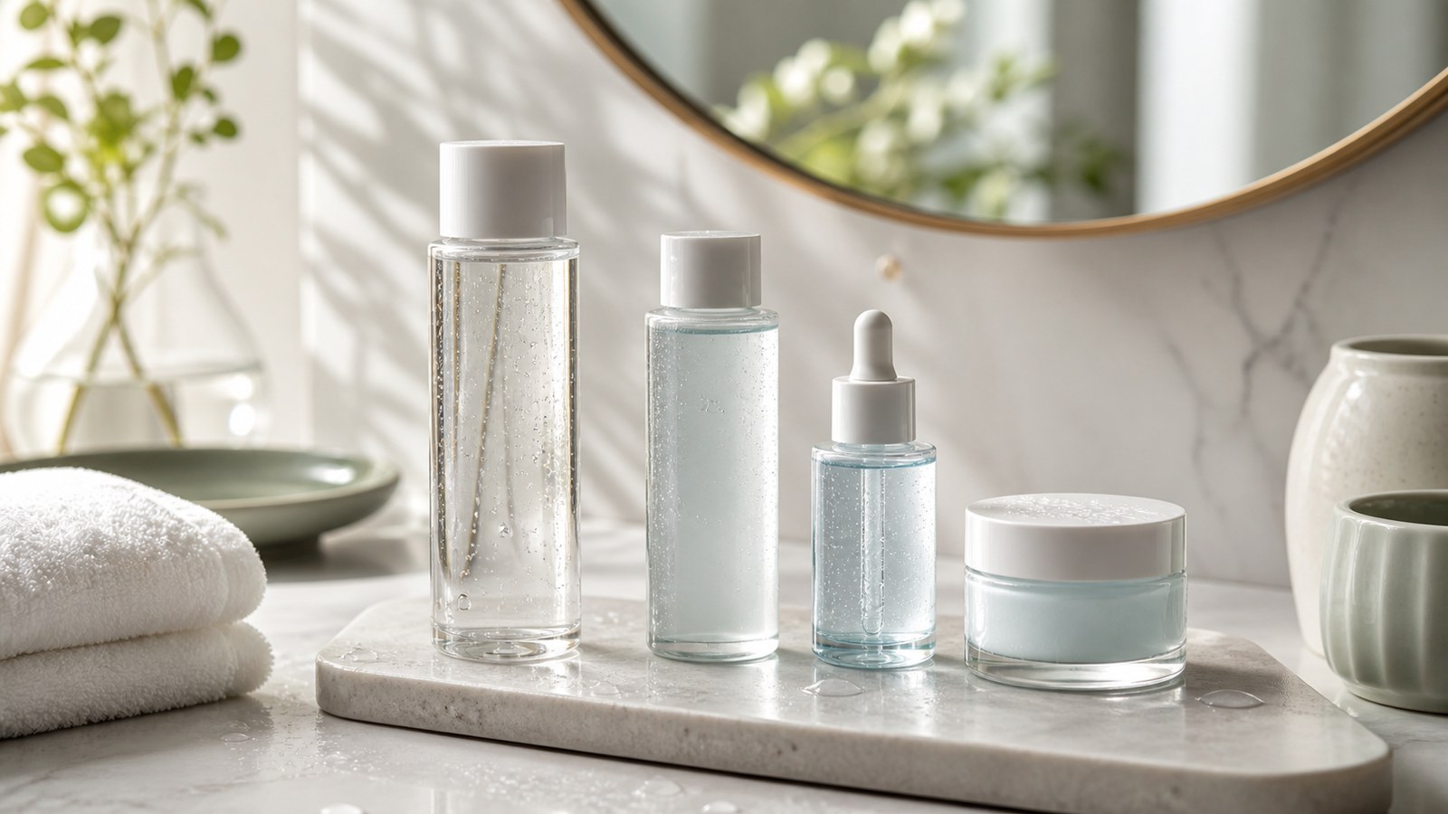 Bộ sản phẩm cấp ẩm tối giản gồm toner serum và kem dưỡng không nhãn trên bàn phòng tắm