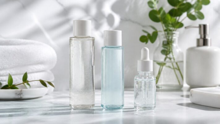 Ba sản phẩm toner essence và serum cấp ẩm không nhãn trên nền phòng tắm sáng