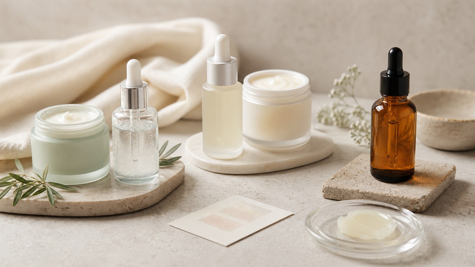 Routine test sản phẩm active mới với serum không nhãn kem dưỡng và thẻ trống