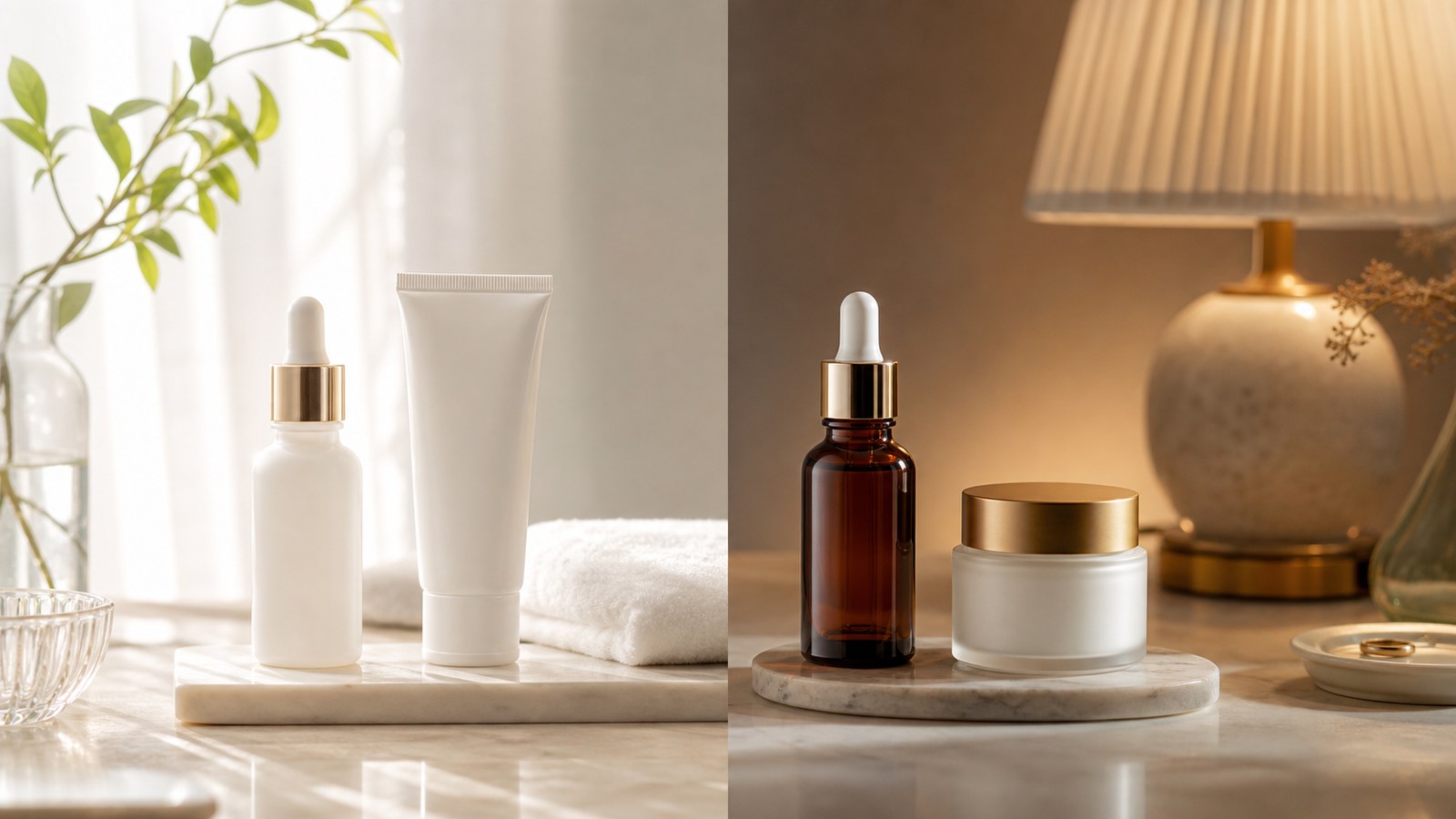 Bố cục sản phẩm sáng da ban ngày và chống lão hóa buổi tối không nhãn trên bàn skincare