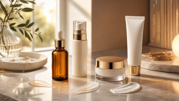 Sản phẩm sáng da và chống lão hóa không nhãn với serum màu hổ phách kem dưỡng và tuýp trắng