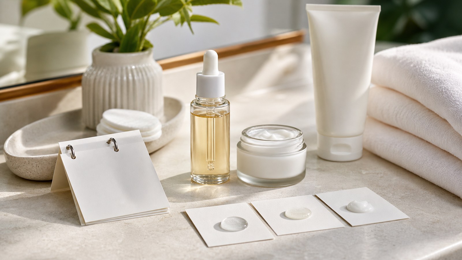 Các sản phẩm active sáng da và chống lão hóa không nhãn cùng thẻ test trống trên nền vải sáng