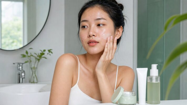 Da dầu mụn thoa kem dưỡng phục hồi mỏng nhẹ trong routine tối giản không nhãn
