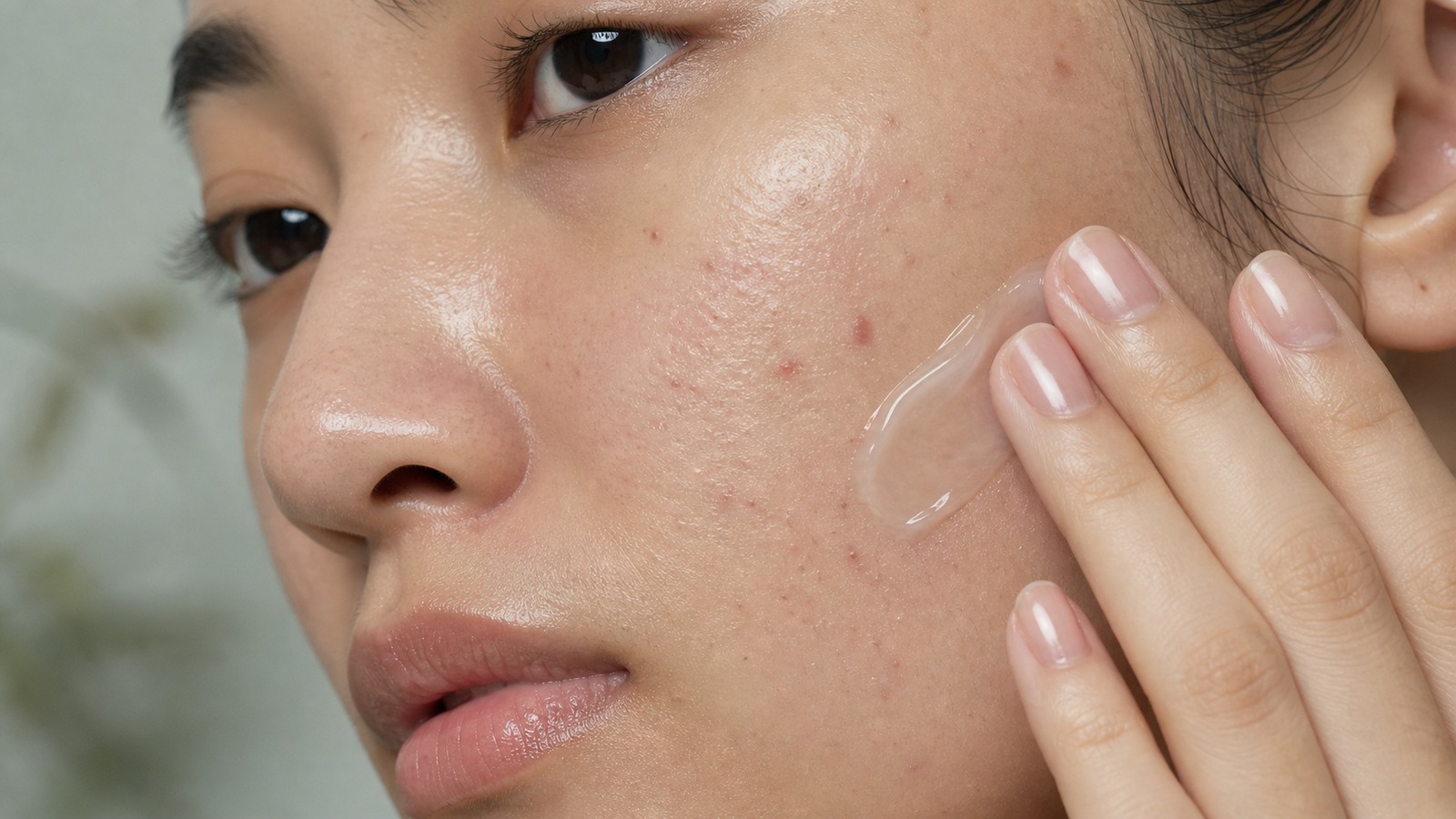 Da Dầu Mụn Vẫn Cần Phục Hồi Không? 1 Cận cảnh da dầu mụn có texture thật đang thoa gel dưỡng ẩm mỏng nhẹ