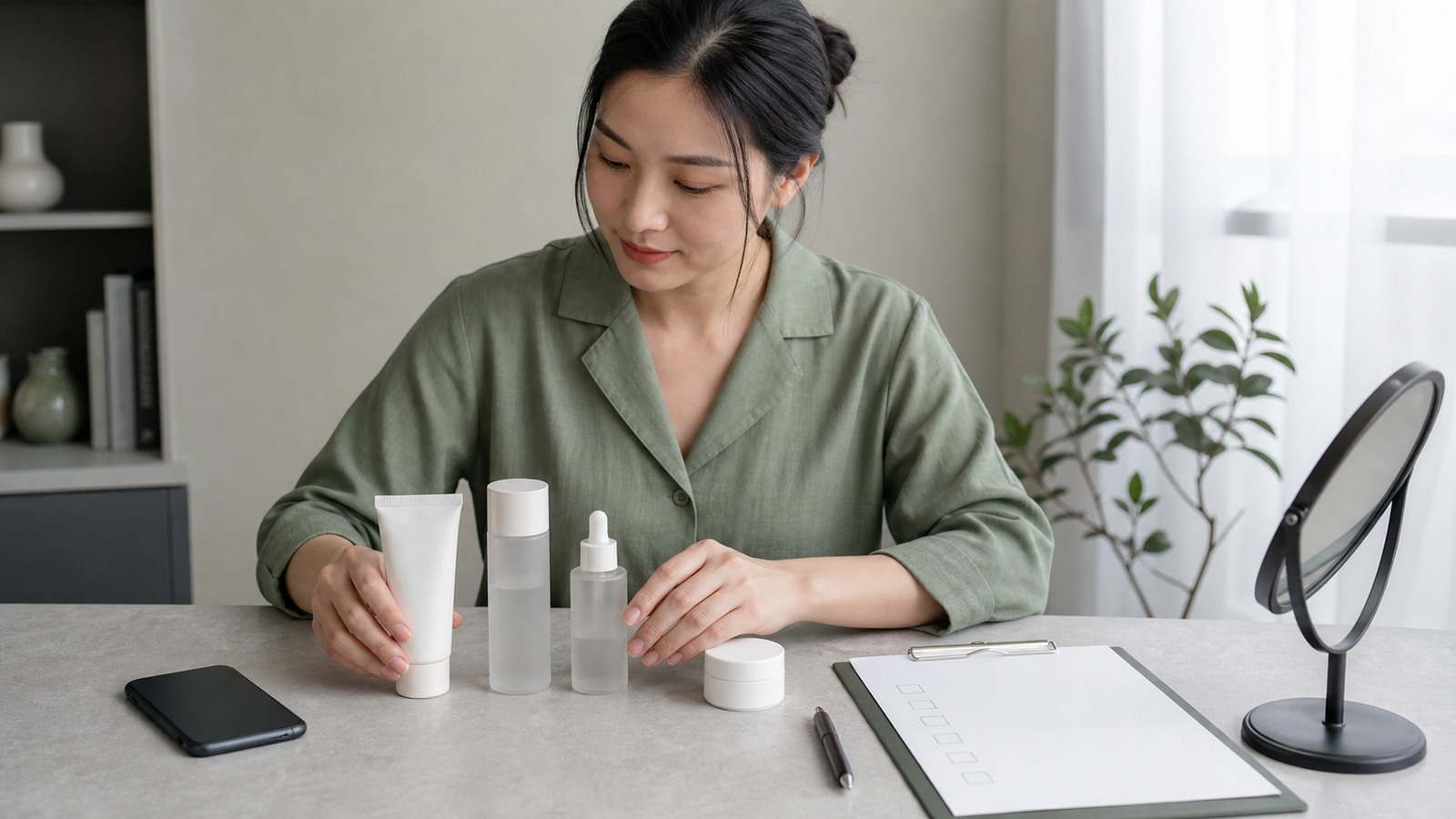 Da Dầu Mụn Vẫn Cần Phục Hồi Không? 3 Bàn soi routine da dầu mụn với sản phẩm không nhãn điện thoại úp và checklist trống