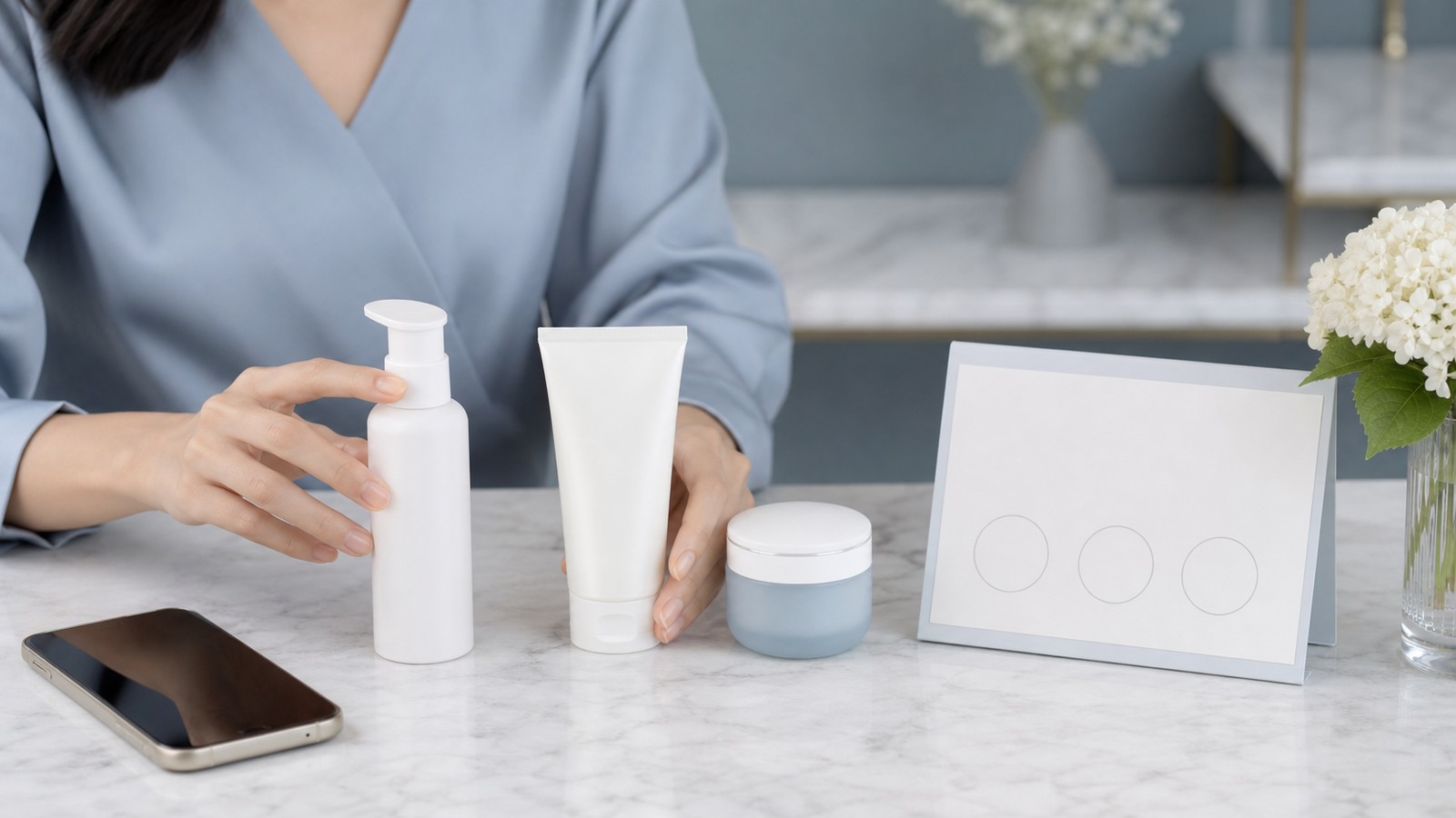 7 Sai Lầm Rửa Mặt Làm Da Càng Căng Sau Treatment 3 Bàn review routine sau treatment với cleanser kem dưỡng chống nắng và điện thoại úp
