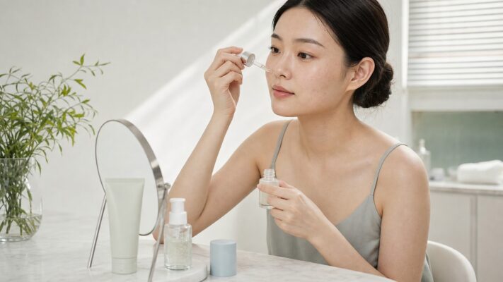 Người dùng thoa serum trong routine Calm Reset tối giản với sản phẩm không nhãn