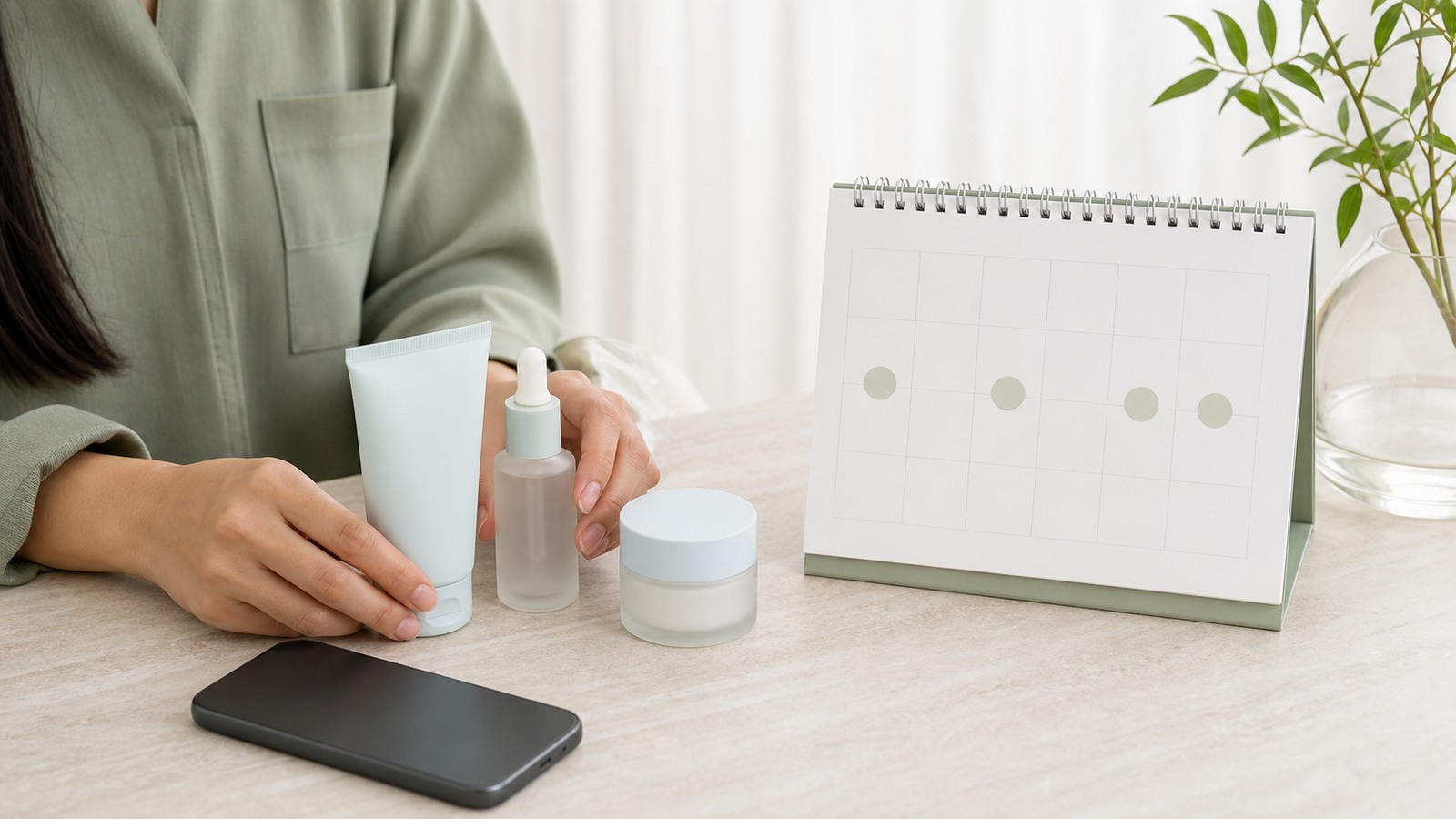 Calm Reset 14-28 Ngày Hợp Ai Và Không Hợp Ai? 3 Bàn theo dõi Calm Reset với ba sản phẩm không nhãn điện thoại úp và lịch trống
