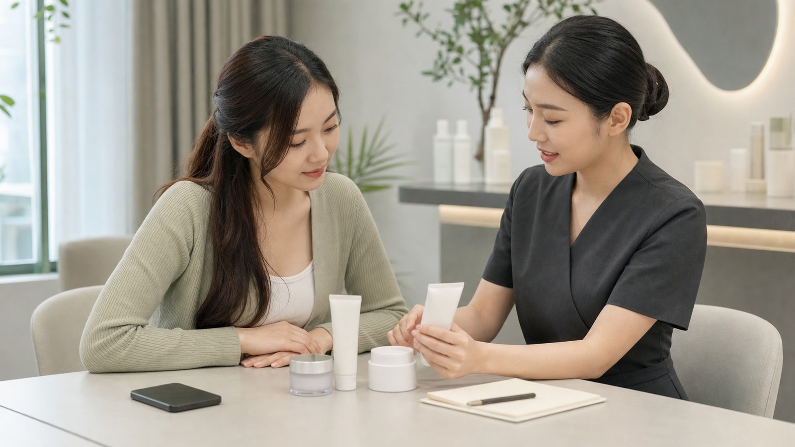 Calm Reset 14-28 Ngày Hợp Ai Và Không Hợp Ai? 2 Tư vấn package-fit Calm Reset với sản phẩm dưỡng da không nhãn trên bàn