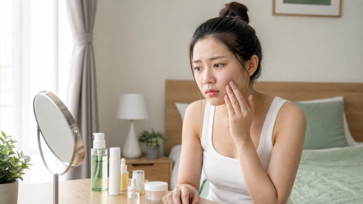Người dùng chạm nhẹ vào má khi da xót sau routine nhiều sản phẩm