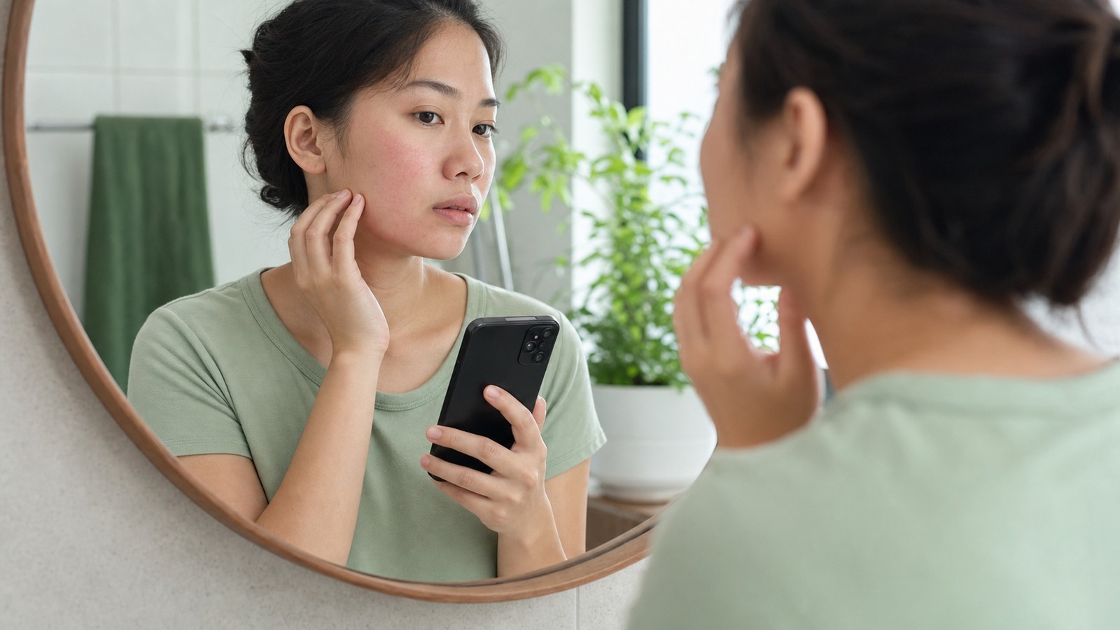 Khi Nào Không Nên Tự Mua Mỹ Phẩm Mà Nên Đi Khám? 1 Người dùng quan sát vùng da đỏ và chuẩn bị gọi hỗ trợ y tế